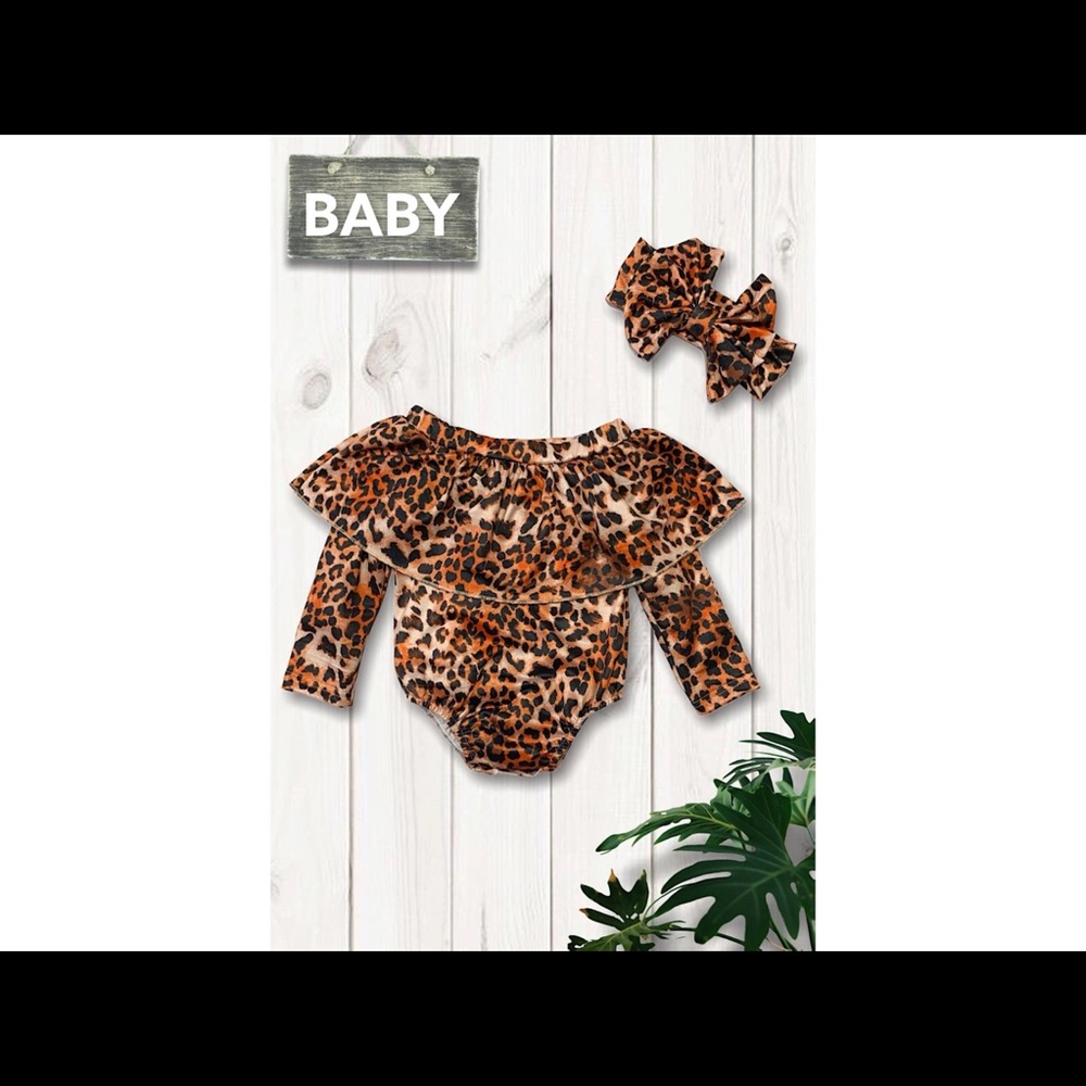 CHEETAH PRINTED BABY ONESIE W/ MATCHING HEADBAND - Picture 1 of 1